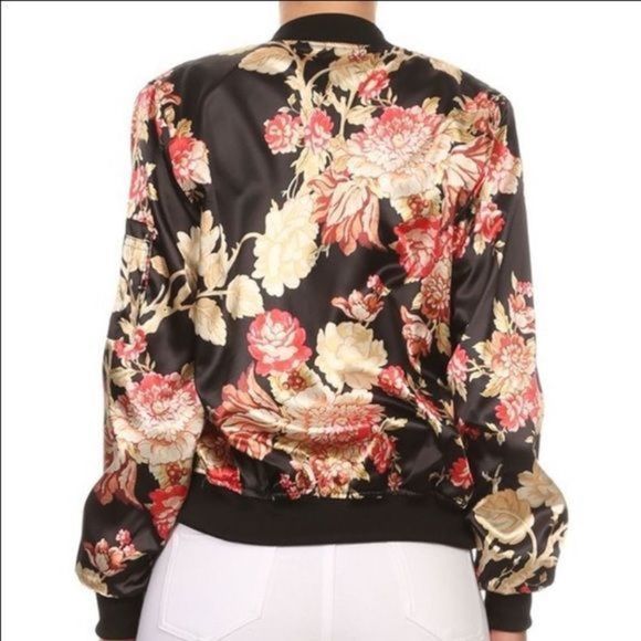 Black Floral Satin Bomber Silk Jacket - Picture 4 of 4
